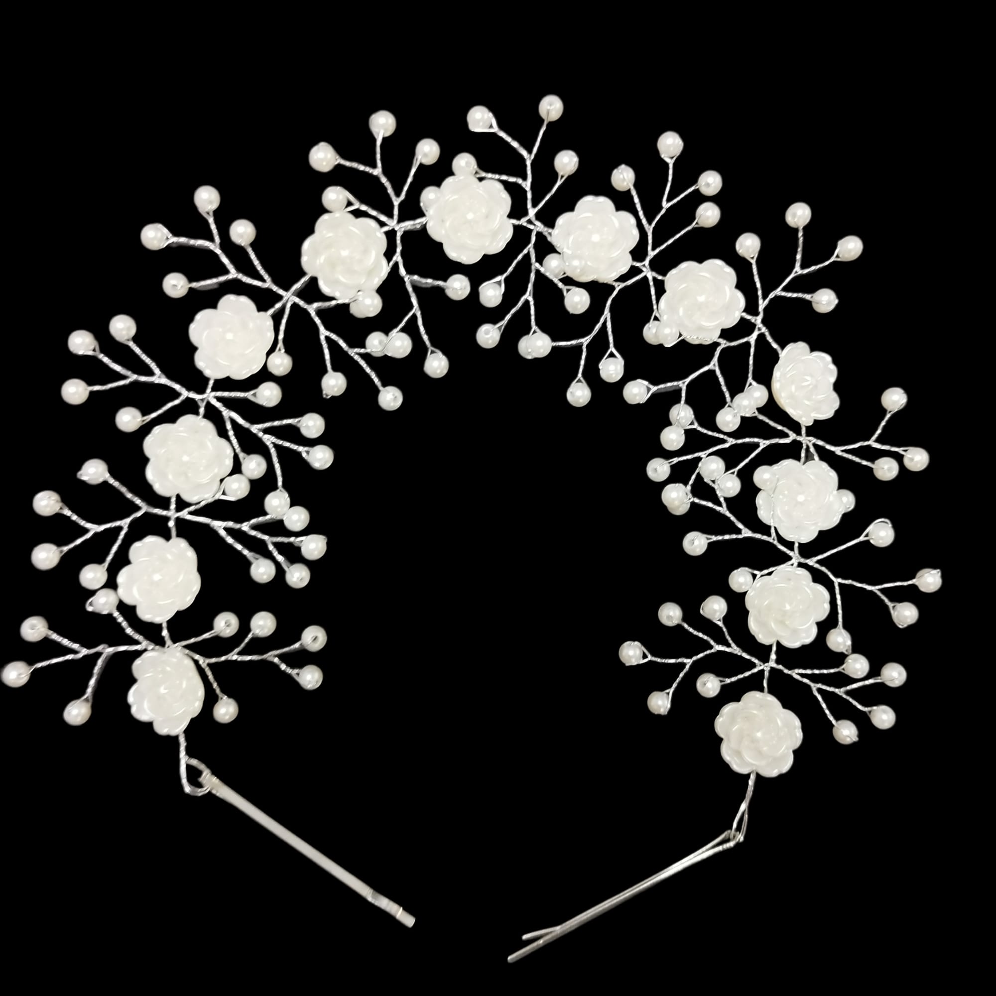 Bentita par mireasa decorata flori cu perle albe elemente translucide BPM09